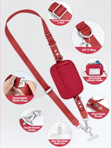 Tiostep Clip and Go Strap for Phone with Wallet Crossbody Phone Lanyard Adjustable and Detachable Wristlet Wallet with ID Window and Zipper, Red - color: Red, size: Medium
