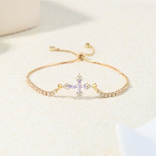 VIBILIA Bracelets for Women, Cross Bracelets for Women Trendy, Dainty Tennis Bracelet, Catholic Gift for Mom Daughter Wife Sister Friend, Communion Gift on Birthday Valentine's Day Easter Mother's Day - color: C. Gold-Purple