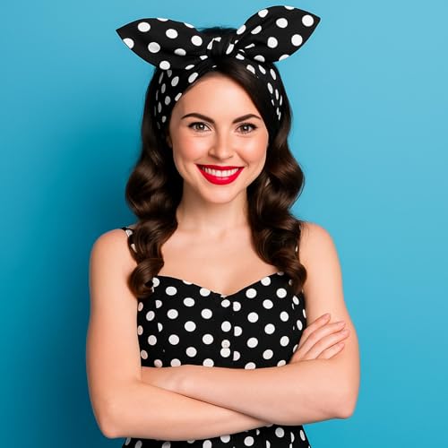 Hicarer 2 Pieces Polka Dot Headband Bandana Headband 50s Costume Hair Accessories Bows Wide Head Wrap for Women(Red, Black,Big Dots) - color: Red, Black, style: Big Dots
