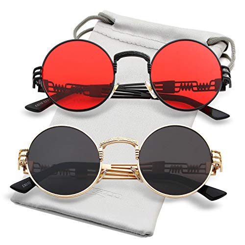 AIEYEZO Round Steampunk Sunglasses for Men Women Retro Circle Hippie Glasses Metal Frame 100% UV Blocking Lens - color: 2 Pack (Black/Red, Gold/Grey)