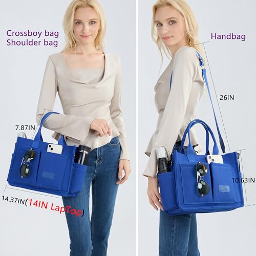 ZHMO Canvas Tote Bag for Women,Women's Bags Crossbody Bags Work Laptop Tote Bag Large Handbags Purse for Travel Nurse Teacher - color: New Upgrade Navy Blue With Compartments and Side Cup Holders