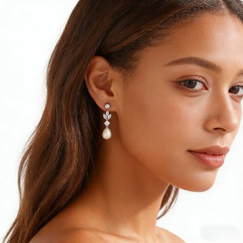 Pearl Earrings for Women Dainty Diamond Pearl Drop Earrings 14k Gold Plated Dangle Earrings for Women Weddings Gifts Bridesmaid Gifts - color: A-silver pearl earrings