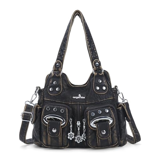 Angel Kiss Small Hobo Purses for Women, Washed Vegan Leather Multi-Pocket Purse, Shoulder Handbag with Adjustable Strap - color: Bronze