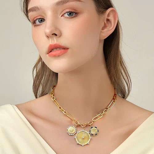 Sun Coin Charm Choker Necklace for Women Men 18K Gold Plated With Zircons Inlaid Pendants Thick Chunky Paperclip Chain Hip Hop Necklace Unisex Jewelry Cuban Link Chain Trendy