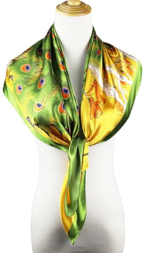 vabovin Satin Head Scarf for Women Silk Like Hair Scarf, 35 x 35 in | Silk Feel Fabric, Hair Wrap for Sleeping, Headscarf and Neck Scarf, Square Bandana Style, Fashion Accessory - color: 103 Green Peacock