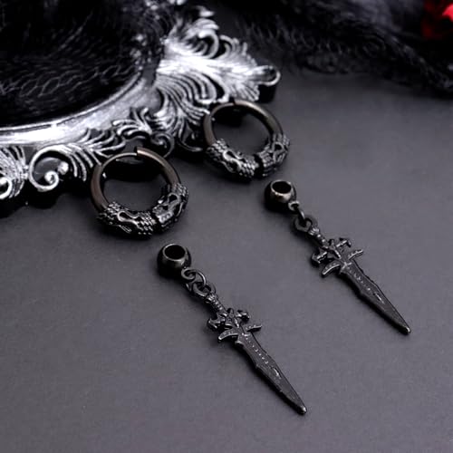 Sonateomber Gothic Silver Black Small Hoop Earrings for Women Men, Punk Hip Hop Engrave Beaded Goth Dangle Drop Earings Halloween Costumes Accessories Prom Fashion Jewelry Gift - color: Black Sword