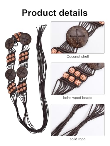 TeeYee Women's Waist Belt Adjustable Boho Style Handwoven Bohemia Tassel Rope Tie with Wooden Beads Braided Chain for Dress - color: 285coffee