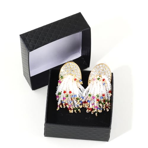 Crystal Beaded Tassel Drop Earrings, Rhinestone Gold Tone, Bohemian Dangle Statement Jewelry for Women
