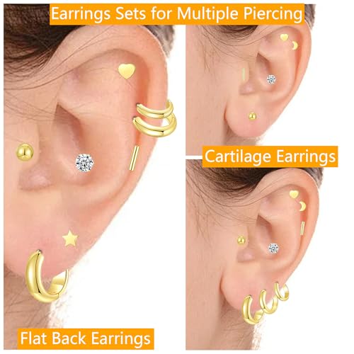 Silver Gold Plated Surgical Steel Flat Back Earrings for Women Hypoallergenic 14K Gold Plated Stud Huggie Earring Set Fashion Shell Cubic Zirconia Flatback Studs Cartilage Earrings Pack for Multiple Piercing 5/8Pairs - color: 8 Pairs Gold Plated Huggie/Ho
