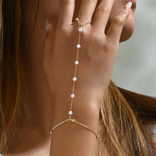 Hand Chain Gold Bracelets for Women Trendy Finger Ring Slave Bracelet Dainty Chain Hand Jewelry Trendy Gifts - color: D4:Pearl Hand Chain