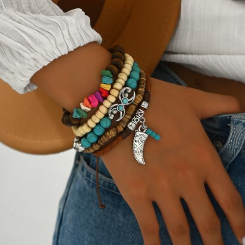 Western Turquoise Beaded Bracelet Stack - Vintage Cowgirl Stretch Set with Bull Skull, Feather & Boot Charms, Handmade Boho Jewelry for Rodeo, Country Concerts & Casual Western Outfits - style: 5