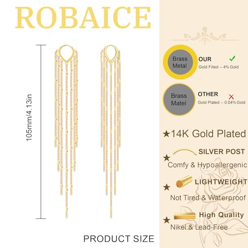 Robaice Gold Long Prom Earrings for Women, 14K Gold Plated Pearl Dangle Drop and Chain Tassel Threader Earrings Dangling，Rhinestone Zirconia Hypoallergenic Bride Party Prom Gold jewelry，Women Gifts - style: B-dangle tassel chains, gold