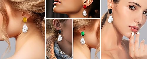 Fashion Pearl Drop Earrings for Women With Crystal - Rhinestone Statement Earrings with Pearl Dangling Studs - Large White Baroque Pearl Earrings for Bridesmaid Wedding Party Birthday Holiday - color: Green