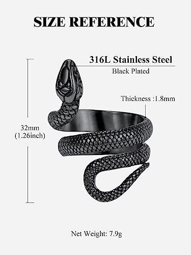 Stainless Steel/18K Gold Plated/Black Snake Ring for Men Women Size 7-12 Serpent Reptile Rings Punk Gothic Jewelry(with Gift Box) - color: 03-Black Plated