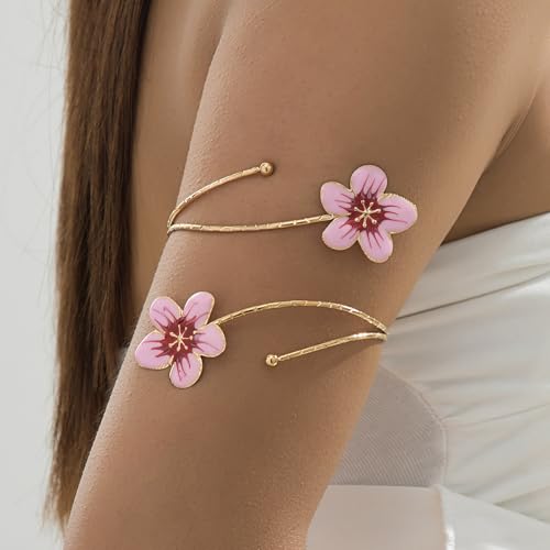Arm Cuff Jewelry for Women Adjustable Flower Cuff Bangle Bracelet Gold Armband Upper Jewelry Gifts for Women Boho Western Accessories - color: B6:pink flower