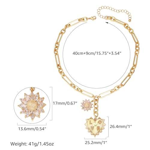 Gold Love Heart Sun Charm Chunky Paperclip Chain for Women Trendy 18K Gold Plated Coin Sunflower Pendant Choker Necklace Hip Hop Jewelry Gifts for Her - style: LOVE HEART, SUNFLOWER