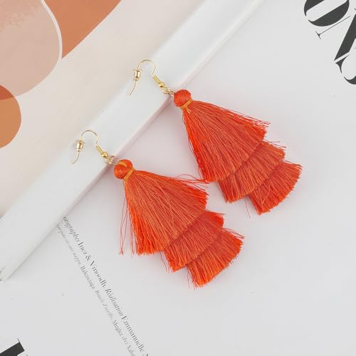 Earrings for Women Dangling, Layered Tassel Earrings Fringe Earrings Bohemian Studs Drop Earrings - color: Orange