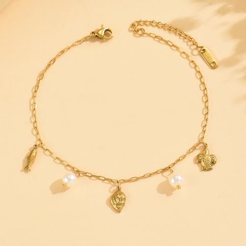 Gold Ankle Bracelets for Women 18K Gold Plated Waterproof Starfish Sea Shell Pearls CZ Diamond Dangle Anklets Trendy Summer Beach Foot Chain Jewelry Gift - style: Conch Pearls-GD