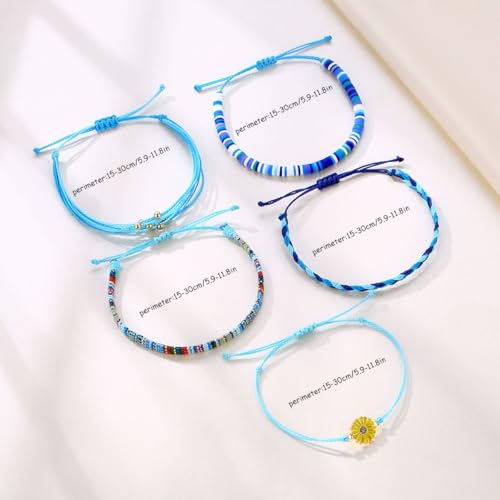 Beach Summer Ankle Bracelet for Women Handmade Braided Adjustable String Anklets Waterproof Surfer Bracelet - color: flower/blue