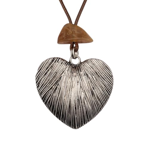 Kelake Leather Necklace for Women Men Teen Vinatge Boho Alloy Pendant Choker Jewelry Fashion Sweater Necklaces with Adjustable Genuine Leather Chain - color: Brown Jade Silver Heart Pendant Necklace
