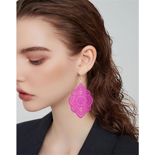 Bohemian Wood Earrings Natural Retro Lightweight Hollow Pattern Geometric Wooden Dangle Drop Earrings Statement Vintage Jewelry - color: Rose Pink Earrings