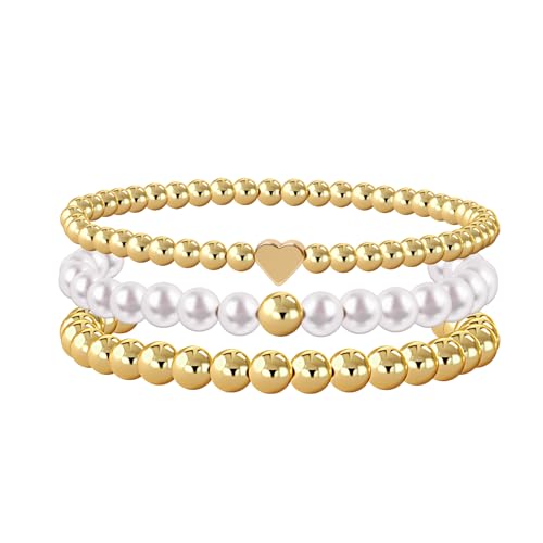 Dainty Pearl Chain Bracelets 14K Gold Bracelet for Women Adjustable Baroque Culture Jewelry Gifts for Mother Wife - color: 3pcs
