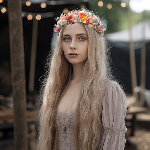 Vivivalue Fairy Flower Crown Floral Headband Elf Headpiece for Women Princess Halloween Cosplay Renaissance Wedding Party Bridal Photoshoot Orange - color: H