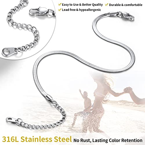 ChainsHouse Ankle Bracelets for Women, Stainless Steel Chain Anklets Waterproof, Women Summer Beach Jewelry Gift, Come with Box - color: 09. 3mm-Herringbone-Steel