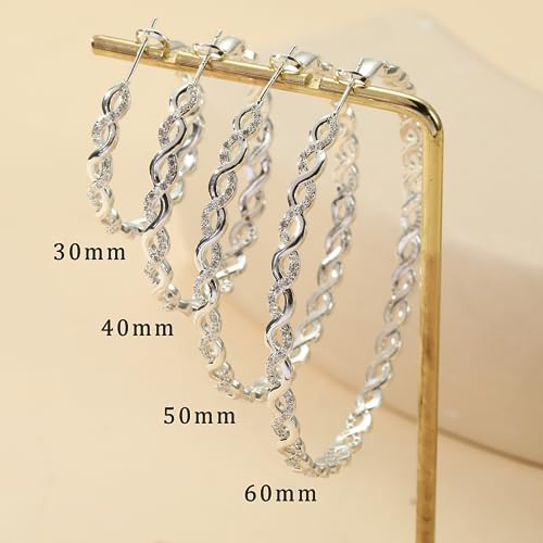 Senteria 925 Sterling Silver Post Hoops Earrings for Women Lightweight Twisted Hoop Earrings With Cubic Zirconia Hypoallergenic Silver Hoops Earrings (20/30/40/50/60MM) - color: silver-30mm