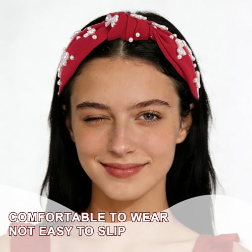 Red Headband Bow Pearl Knotted Headbands for Women Girls Cute Fashion Wide Headbands for Women Non Slip Hairbands Head Bands for Women's Hair Bow Hair Accessories - color: Red