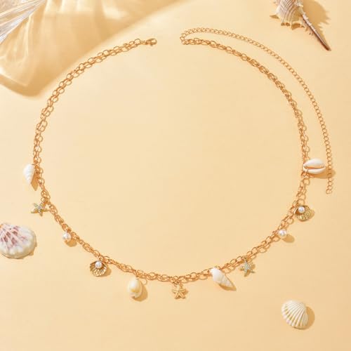 Gold Starfish Seashell Waist Chain Belt for Women Boho Mermaid Pearl Body Chain Summer Beach Vacation Bikini Jewelry Accessories - style: Thin chain