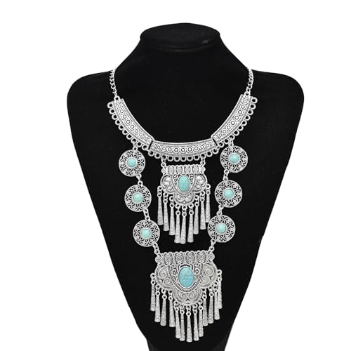 Bethynas Bohemian Ethnic Tribal Chunky Necklace Multilayer Long Tassel Turquoise Statement Neck Chain Retro Coin Gemstone Exaggerated Costume Accessories for Women - color: C-Blue