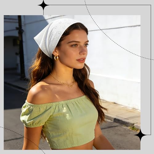 2 Pieces Head Bandana, Lace Head Scarf White Headband for Women Vintage Adjustable Kerchief Parties Dances Ballets