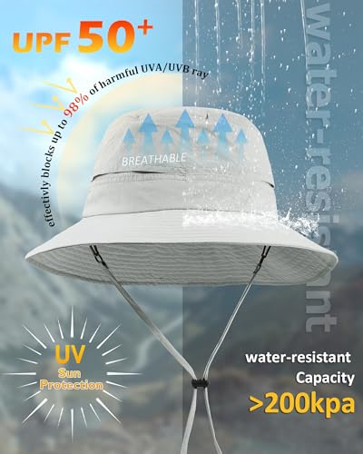 Womens Ponytail Sun Hat Packable UPF50+ Waterproof Bucket Hat Hiking Fishing Safari Hat Foldable Beach Hat - color: Light Grey