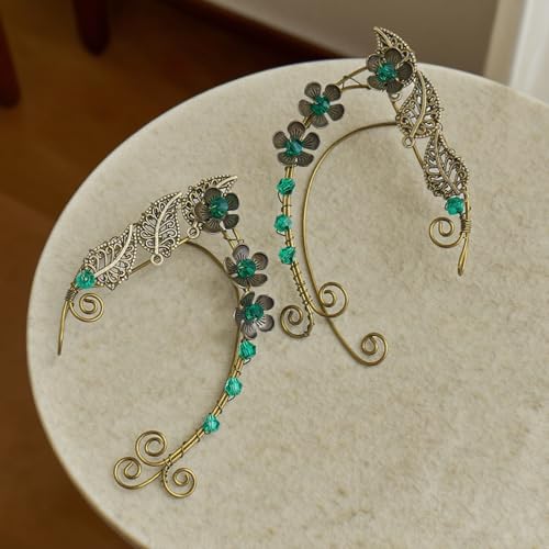 Elf Ear Cuffs, OwMell Handcraft Silver Pointed Fairy Elven Cosplay Fantasy Costume Bridal Wedding Earrings for Non Pierced Ears - style: 3 Flowers