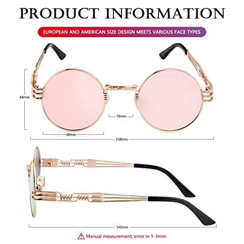 AIEYEZO Round Steampunk Sunglasses for Men Women Retro Circle Hippie Glasses Metal Frame 100% UV Blocking Lens - color: Gold/Clear Pink