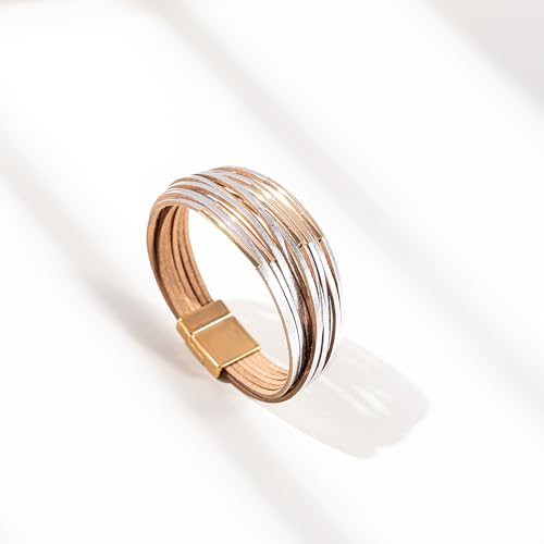 FANCY SHINY Boho Leather Bangle Bracelets Stackable Noodle Tube Bracelets Layered Wrap Cuff Bracelets with Magnetic Clasp - color: Silver