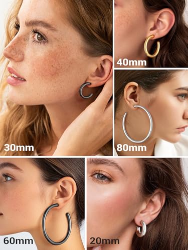 Stainless Steel Chunky Hoop Earrings For Women, Minimalist and Chic, Black/Gold Plated, Round Hoops Earrings Hypoallergenic, Size: 30mm/40mm/60mm/80mm, Come with Box - color: 2. Black, size: 60MM