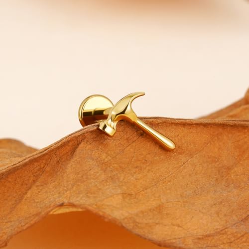 FINE4U 1PC ASTM F136 Titanium Internally Threaded Piercing Jewelry Stud 16G 6mm 8mm for Helix, Tragus, Conch, Flat - color: Hammer - Gold
