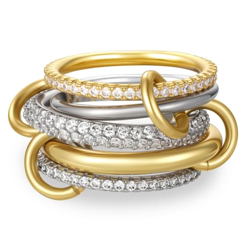Gold Stackable Rings for Women Non Tarnish, 18k Gold Plated Cubic Zirconia Rings, Exquisite Silver Gold Multi Ring Mixed Metals Stack Jewelry Set Size 6-10 - color: 5PCS, size: 9
