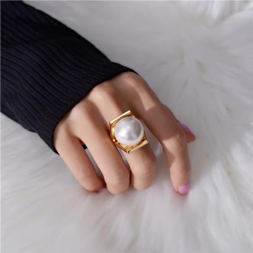 OIDIMS Exaggerated Pearl Statement Band Ring Stainless Steel Y Shaped Unique Style Big Rings Personalized Finger Comfort Fit Jewelry for Women Fashion Gift Birthday Xmas - size: 8