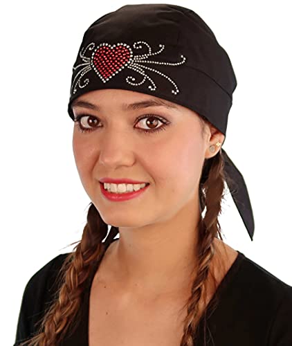 Sparkling EARTH - American Made Skull Caps Doo Rags Do Rag Durag Headwrap Head Wraps Skullies - Made in The USA! - color: Black Skull Cap With Red Heart and Swirls Rhinestud