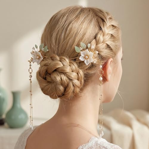 HINZIC 5pcs Flower Tassels Hairpin for Women, Non-Slip Crystal Pearl Camellia Hair Clips, Retro Chinese Hanfu Wedding Brides Hair Accessories for Long Hair - color: Camelia