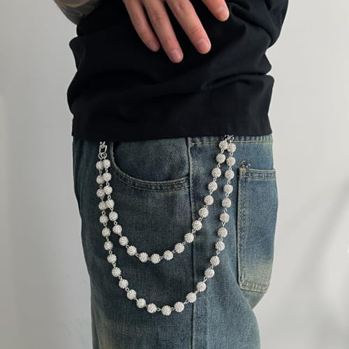 Rhinestone Ball Jeans Chain, Double Layer Crystal Waist Chain, Silver & Blue Sparkly Bling Pants Chain, Hip Hop Belt Chain Accessories for Women Men, Y2K Punk Aesthetic for Party, Festival, Everyday Wear - color: White
