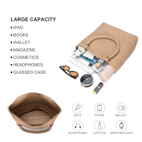 BAGOK Woven Tote Bag for Women, Handwoven Vegan Leather Shoulder Bag with Clutch, Large Tote for Work, Travel & Beach - color: Apricot