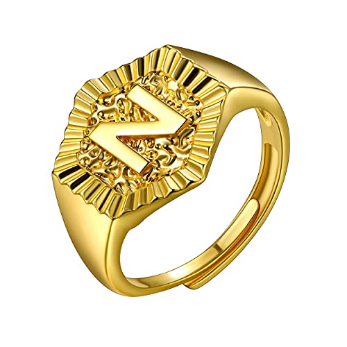 U7 Initial Ring Wedding Band for Men Women 18K Gold Plated Statement Hexagon A-Z Letter Jewelry Personalized Stackable Signet Rings - color: N