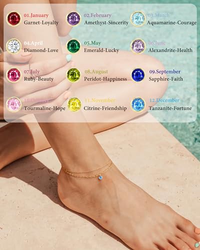 ZHESHY Ankle Bracelets for Women Gold Anklets with Birthstone 14K Gold Plated Dainty Layered Anklets Waterproof Non Tarnish Chain Anklet Bracelets Summer Beach Jewelry Birthday Gifts - color: 03.March(Aquamarine)
