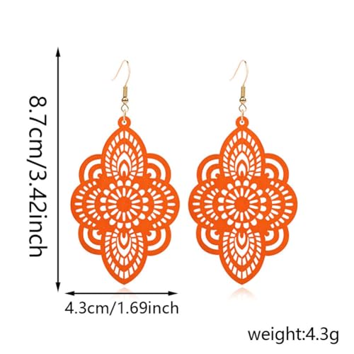 Bohemian Wood Earrings Natural Retro Lightweight Hollow Pattern Geometric Wooden Dangle Drop Earrings Statement Vintage Jewelry - color: Orange