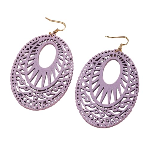 Boho Wooden Cutout Dangle Earrings for Women Bohemian Teardrop Oval Hollow Floral Pattern Drop Earrings Colorful Lightweight Statement Party Jewelry - color: Purple