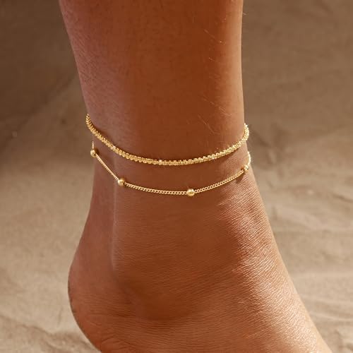 2/3 PCS Gold Anklets for Women Waterproof Cuban Link Anklet Beaded Bracelets Stackable Bracelets 14K Gold Plated Custom Jewelry Gifts Non Tarnish Lightweight - style: Gold Anklet 09